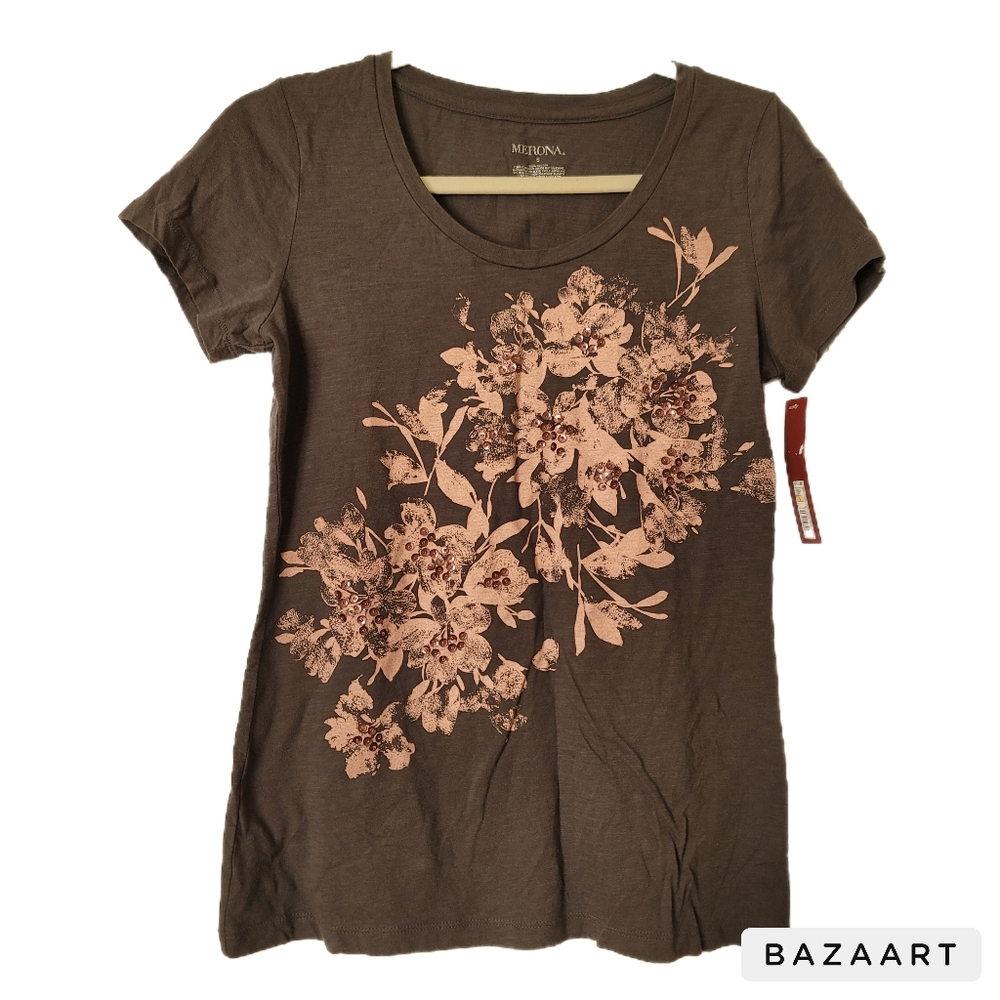 Merona Top Womens S Small Grey Floral Short Sleeve